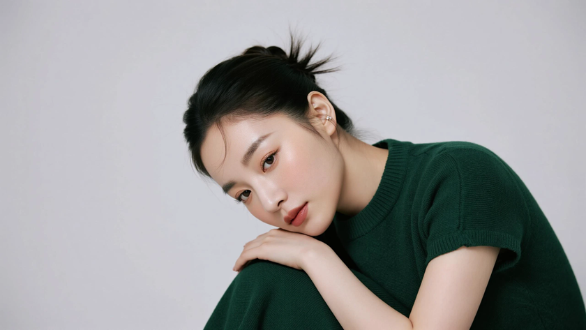 AI纯色极简清新治愈墨绿纯色恬静女生,无水印壁纸