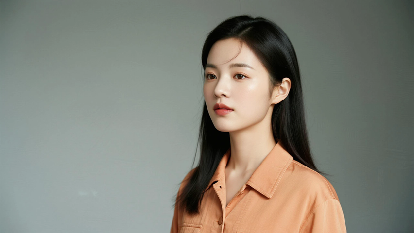 AI清新治愈穿搭橘奶色休闲外套温暖女生正面纯色背景，电脑壁纸