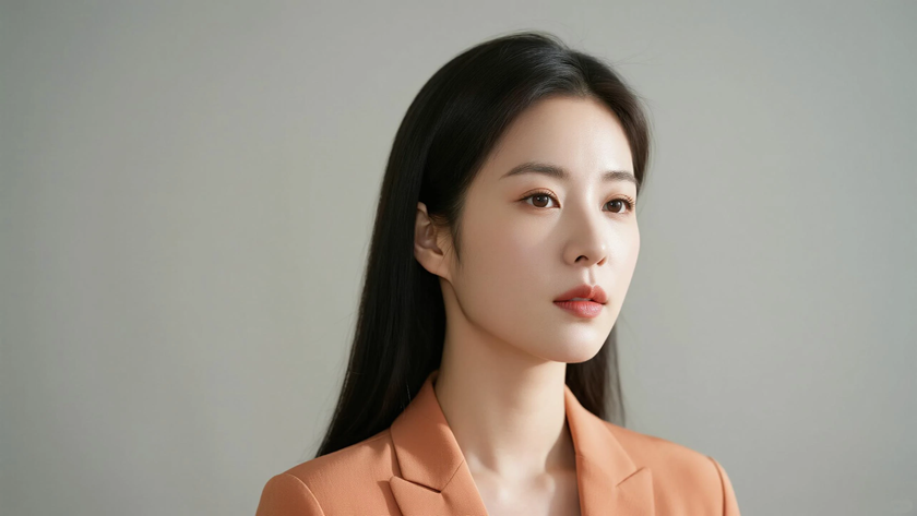 AI氛围感清新治愈顺直锁骨长发柔和女生侧脸橘奶底色，桌面壁纸