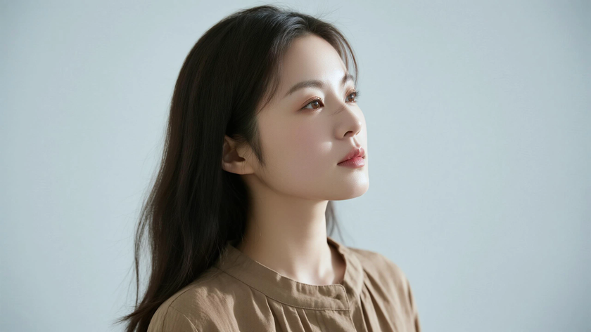 AI氛围感清新治愈松散披肩长发慵懒女生侧脸咖色底色,桌面壁纸