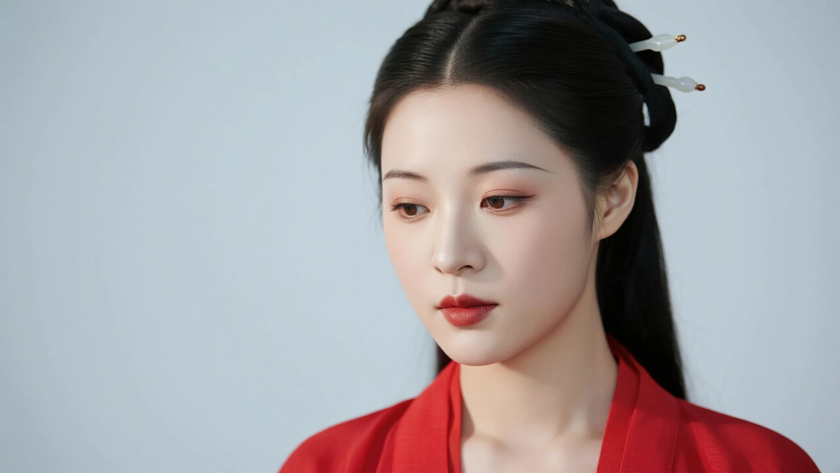AI中式复古穿搭朱砂红改良短衫温婉女子正面纯色背景,电脑壁纸