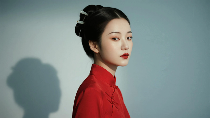 AI氛围感中式复古玉簪盘发雅致佳人侧脸朱红底色,桌面壁纸