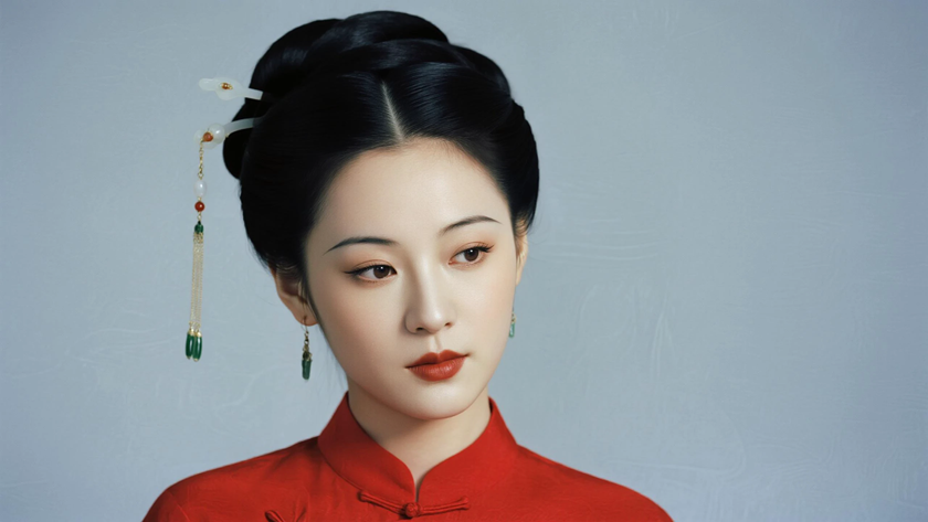 AI纯色极简中式复古朱红低饱和温婉女子,无水印壁纸