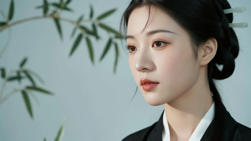 AI中式复古穿搭豆青宋制褙子清雅女子正面纯色背景,电脑壁纸