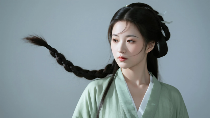 AI氛围感中式复古古风麻花辫恬静少女侧脸豆青底色,桌面壁纸
