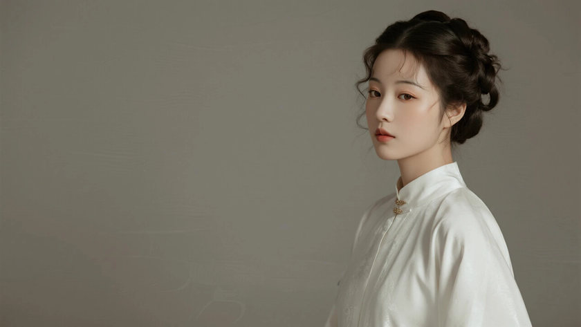 AI中式复古穿搭月白齐腰襦裙灵动少女正面纯色背景,电脑壁纸