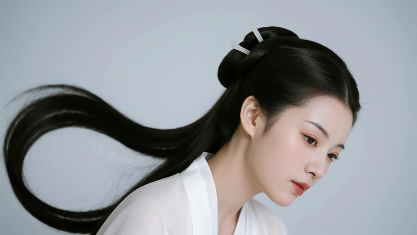 AI中式复古穿搭黛蓝新中式衬衫沉稳女子正面纯色背景，电脑壁纸