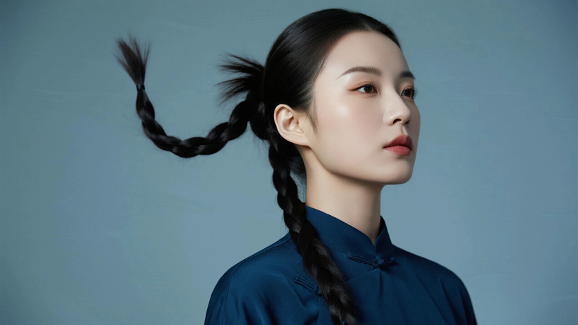 AI氛围感中式复古高束古风马尾柔和女生侧脸黛蓝底色，桌面壁纸