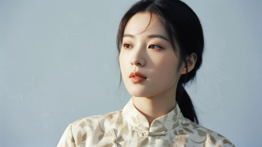 AI中式复古穿搭浅卡暗纹碎花裙温婉女子正面纯色背景,电脑壁纸