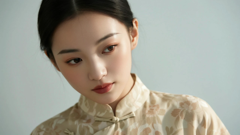 AI纯色极简中式复古浅卡柔和内敛古装女子,无水印壁纸