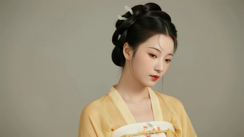AI中式复古穿搭鹅黄唐制薄纱襦裙娇俏少女正面纯色背景，电脑壁纸