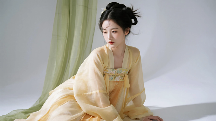 AI氛围感中式复古蓬松古风丸子头元气少女侧脸鹅黄底色，桌面壁纸