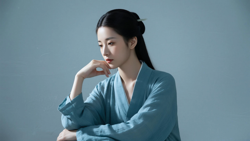 AI氛围感中式复古中分黑长直素雅女生侧脸雾蓝底色，桌面壁纸
