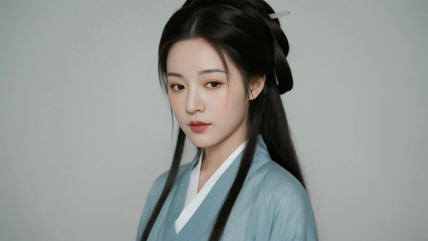 AI中式复古穿搭雾霾蓝棉麻长衫淡然女子正面纯色背景，电脑壁纸