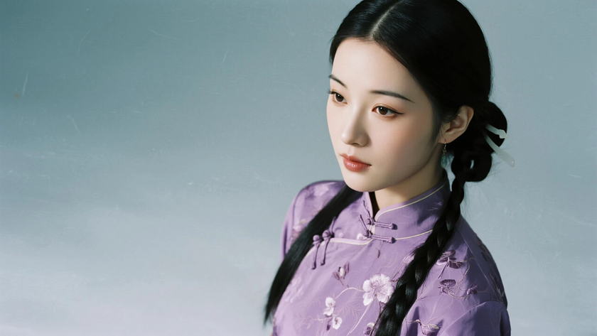 AI中式复古穿搭芋紫绣花旗袍柔美女子正面纯色背景,电脑壁纸
