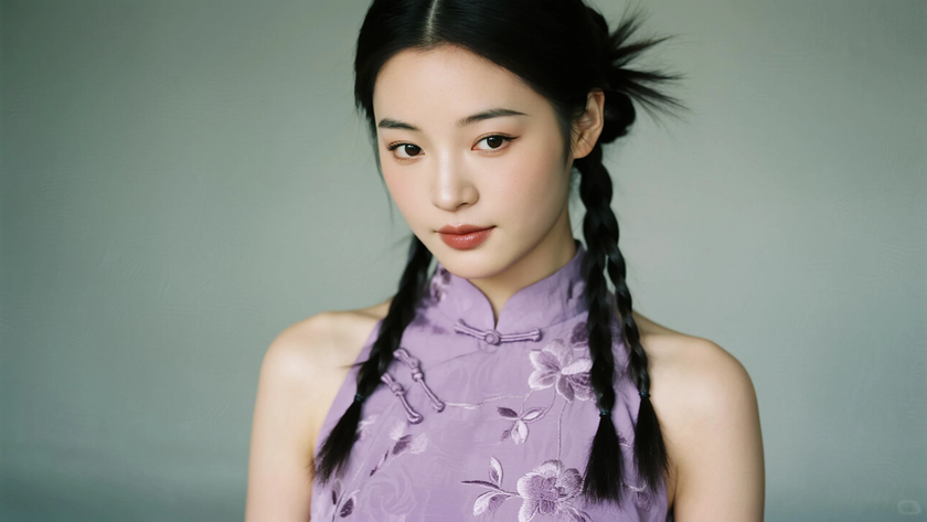 AI氛围感中式复古古风双麻花辫温婉少女侧脸芋紫底色,桌面壁纸