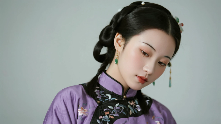 AI复古暖调柔光中式复古绣花轻奢旗袍女子,高清壁纸