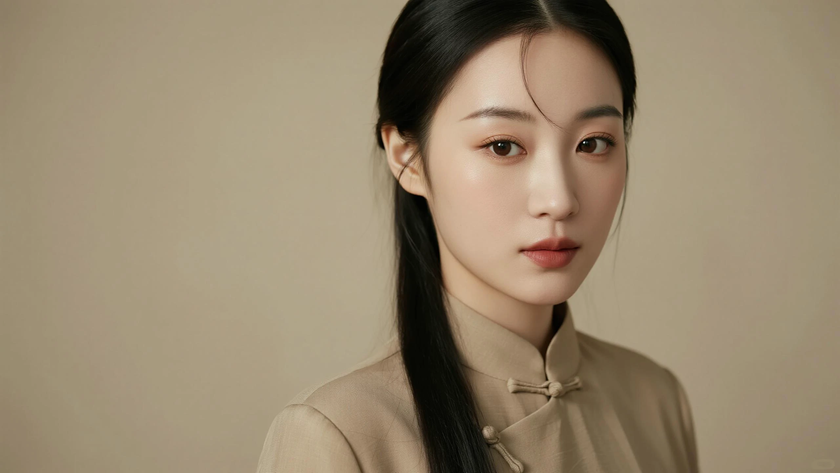 AI中式复古穿搭炭杏对襟西装端庄女子正面纯色背景,电脑壁纸