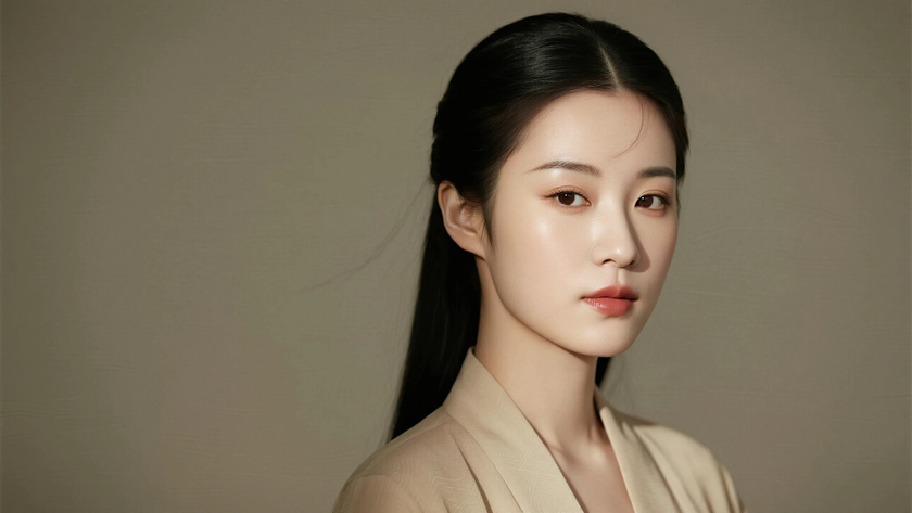 AI氛围感中式复古层次齐耳短发简约女生侧脸炭杏底色,桌面壁纸