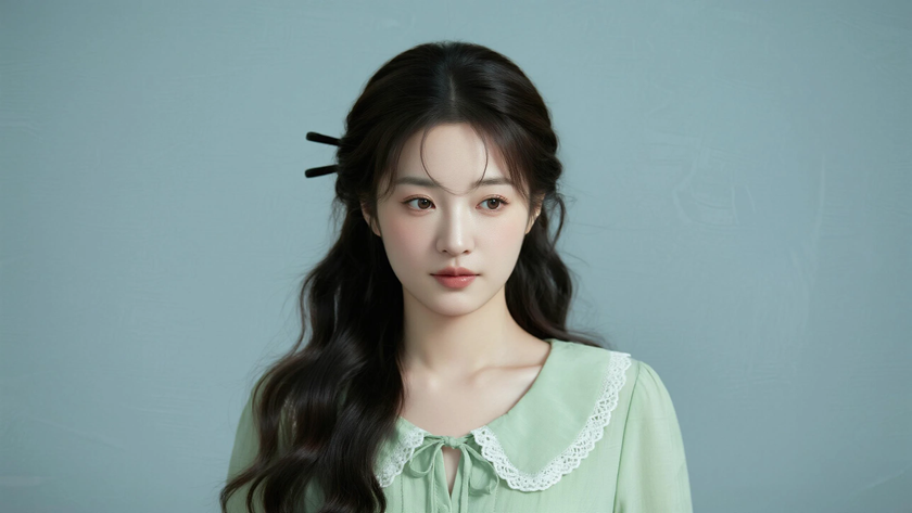 AI中式复古穿搭青柠绿中式衬衣裙清爽少女正面纯色背景,电脑壁纸
