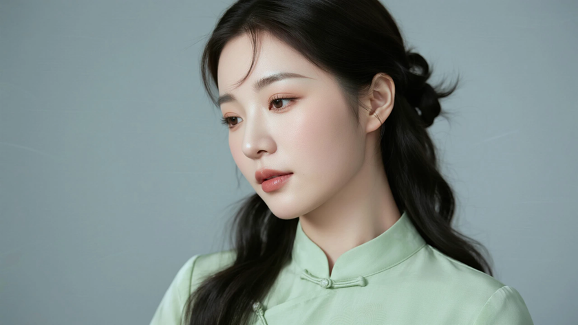 AI氛围感中式复古半扎微卷长发治愈女生侧脸浅绿底色,桌面壁纸