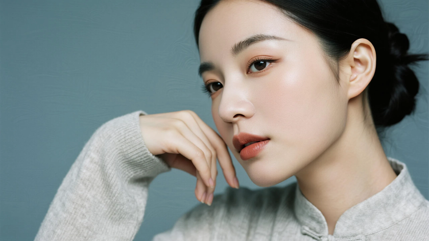AI中式复古穿搭奶灰针织开衫娴静女子正面纯色背景,电脑壁纸
