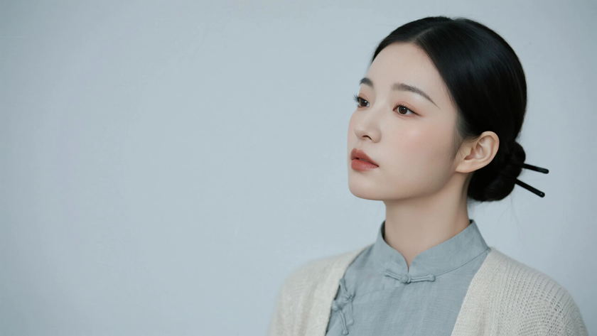 AI氛围感中式复古低挽简约发髻温婉女生侧脸奶灰底色,桌面壁纸