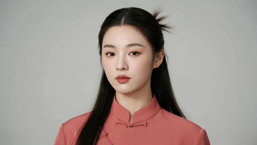 AI中式复古穿搭砖粉中式工装短衫随性女子正面纯色背景，电脑壁纸