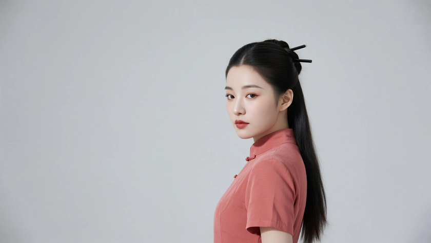 AI氛围感中式复古空气刘海碎发文艺女生侧脸砖粉底色，桌面壁纸