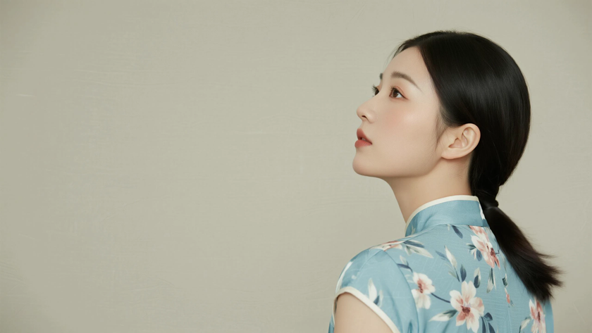 AI氛围感中式复古高颅顶低马尾恬静女生侧脸浅蓝底色，桌面壁纸