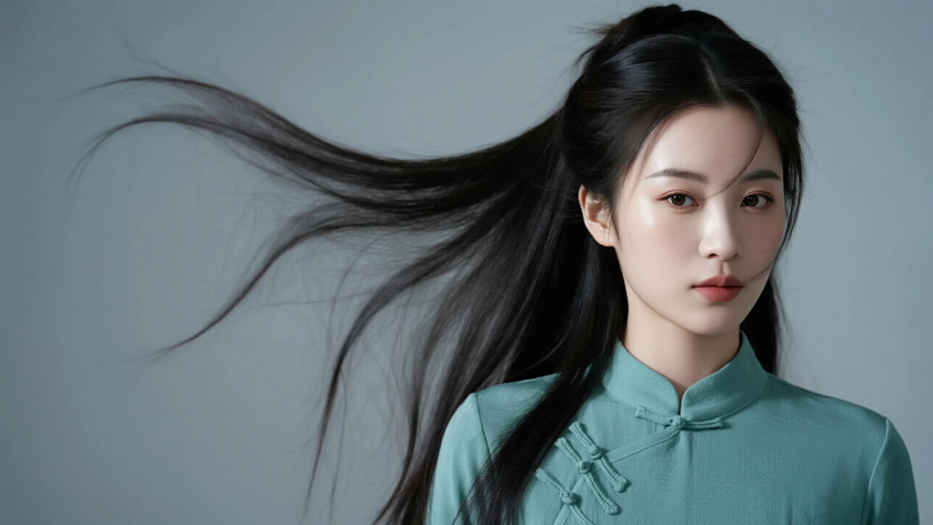 AI中式复古穿搭豆沙绿针织长裙安然女子正面纯色背景,电脑壁纸