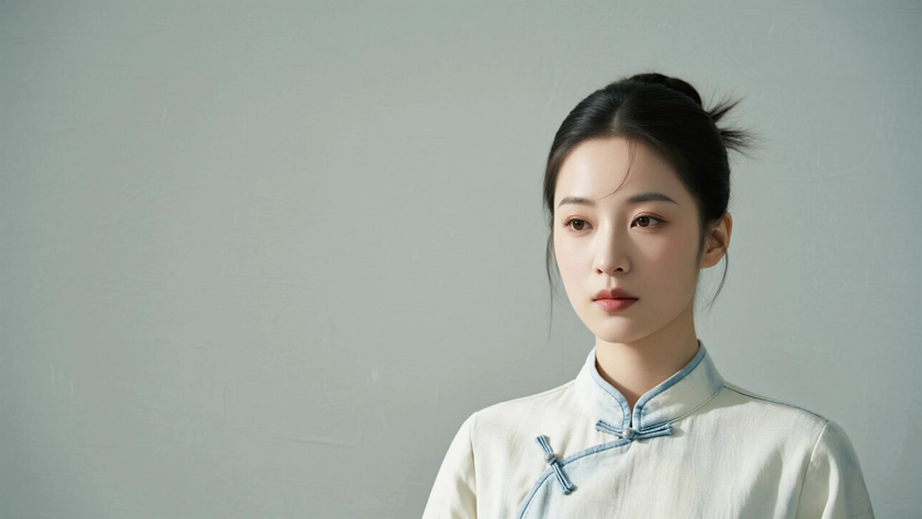 AI中式复古穿搭奶白中式牛仔外套灵动少女正面纯色背景,电脑壁纸