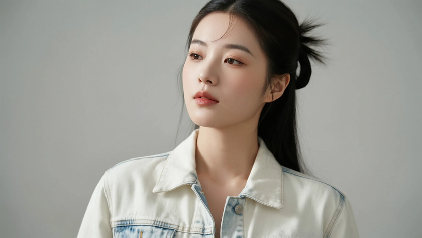 AI氛围感中式复古清爽双马尾元气少女侧脸奶白底色,桌面壁纸