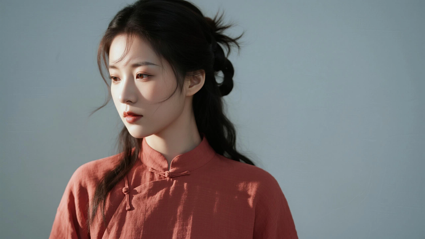 AI中式复古穿搭浅枣红棉麻连衣裙文艺女子正面纯色背景,电脑壁纸