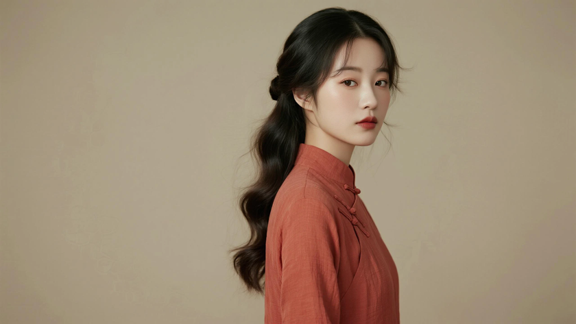 AI氛围感中式复古微卷披肩长发温婉女生侧枣红底色,桌面壁纸