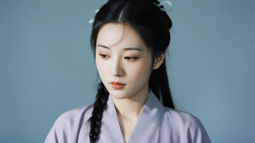 AI中式复古穿搭浅灰紫中式卫衣套装闲适女子正面纯色背景,电脑壁纸