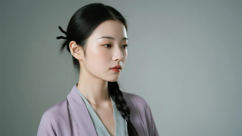 AI氛围感中式复古侧边细编发松弛女生侧脸灰紫底色,桌面壁纸