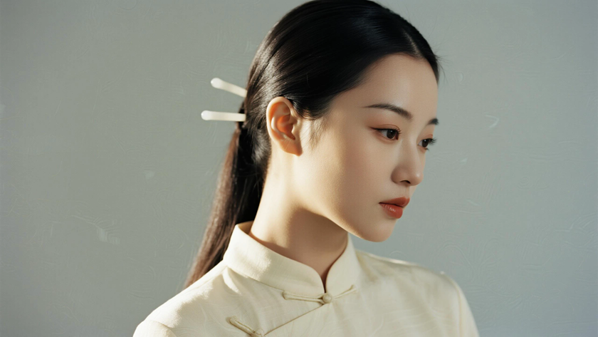 AI中式复古穿搭浅杏翻领中式连衣裙雅致女子正面纯色背景,电脑壁纸