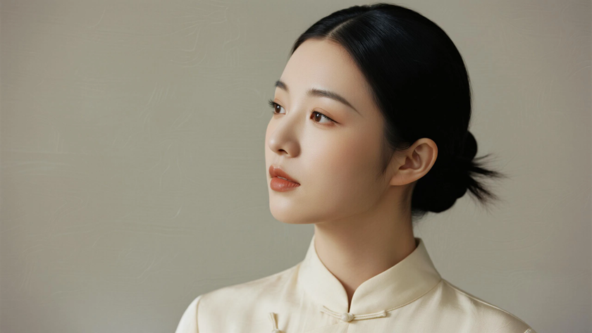 AI氛围感中式复古后梳顺直束发恬静女生侧脸浅杏底色,桌面壁纸
