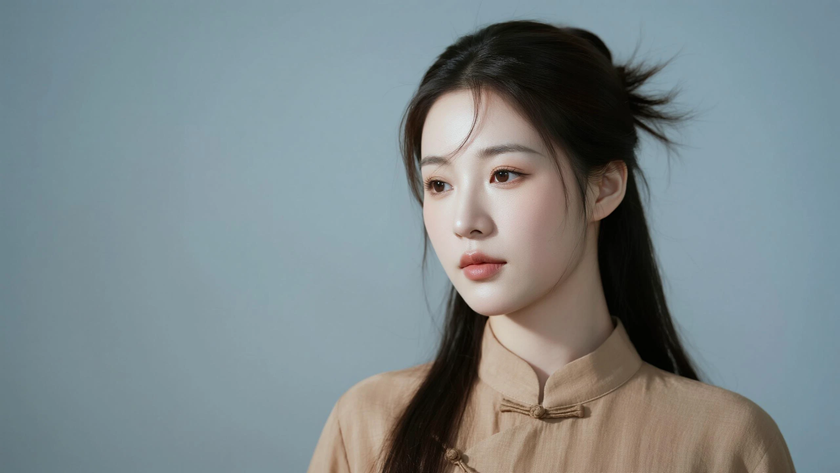 AI中式复古穿搭浅咖棉麻短外套清雅女子正面纯色背景,电脑壁纸