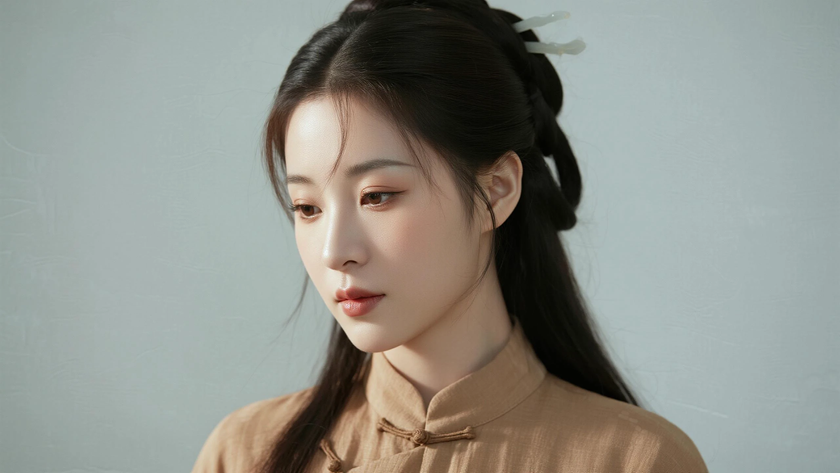 AI氛围感中式复古松散披肩长发慵懒女生侧脸浅咖底色,桌面壁纸