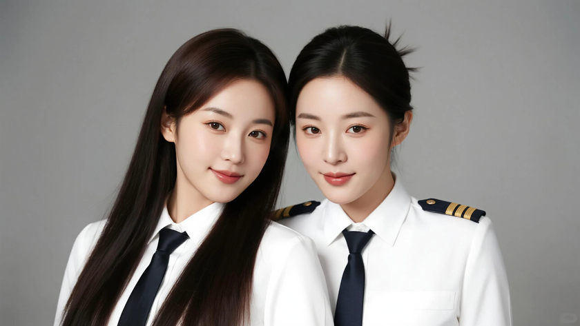 AI空乘气质模特穿搭纯白修身空乘制服衬衫干练女生正面纯色背景,电脑壁纸