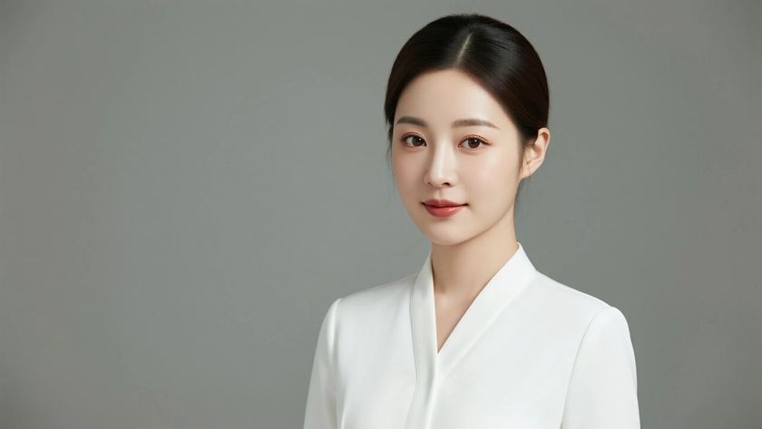 AI柔光空乘模特优雅齐肩短发温婉女生纯白底色,桌面壁纸