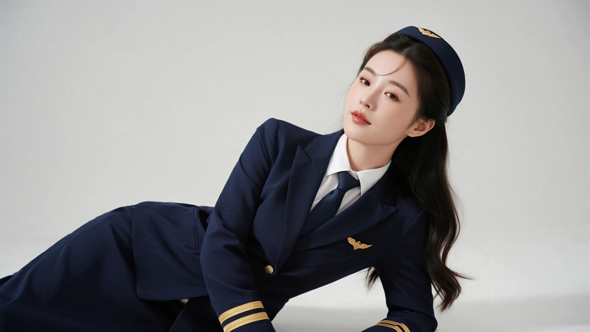 AI空乘气质模特穿搭藏青收腰空乘长裙端庄女生正面纯色背景,电脑壁纸