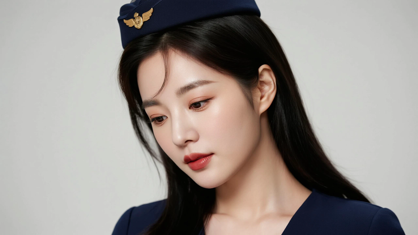AI柔光空乘模特温婉低马尾恬静女生藏青底色,桌面壁纸