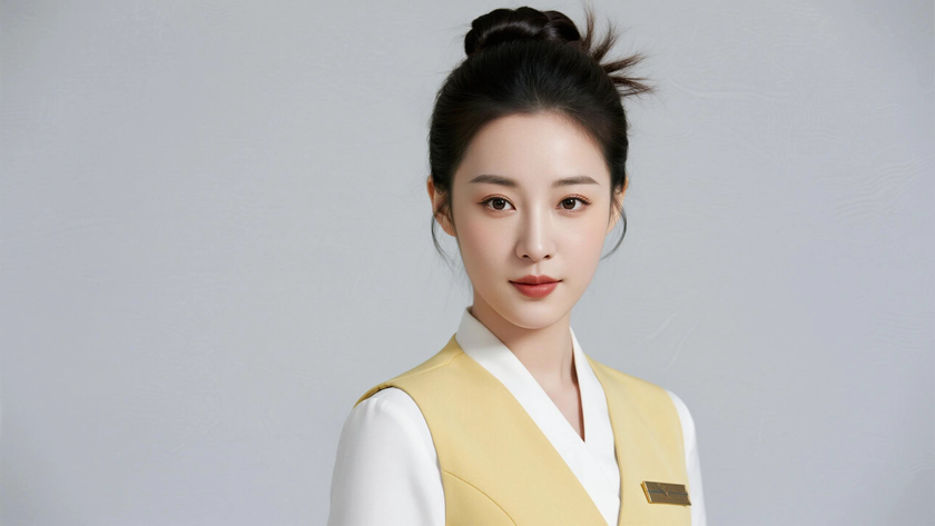 AI柔光空乘模特蓬松慵懒丸子头元气女生鹅黄底色,桌面壁纸