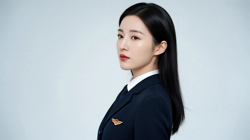 AI柔光空乘模特中分柔顺黑长直清冷女生墨灰底色,桌面壁纸