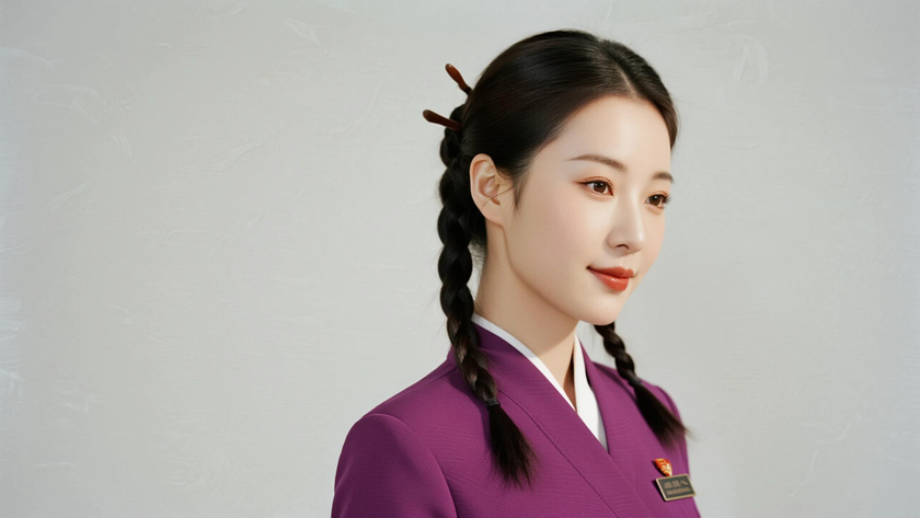 AI空乘气质模特穿搭芋紫修身空乘长裙柔美女生正面纯色背景,电脑壁纸