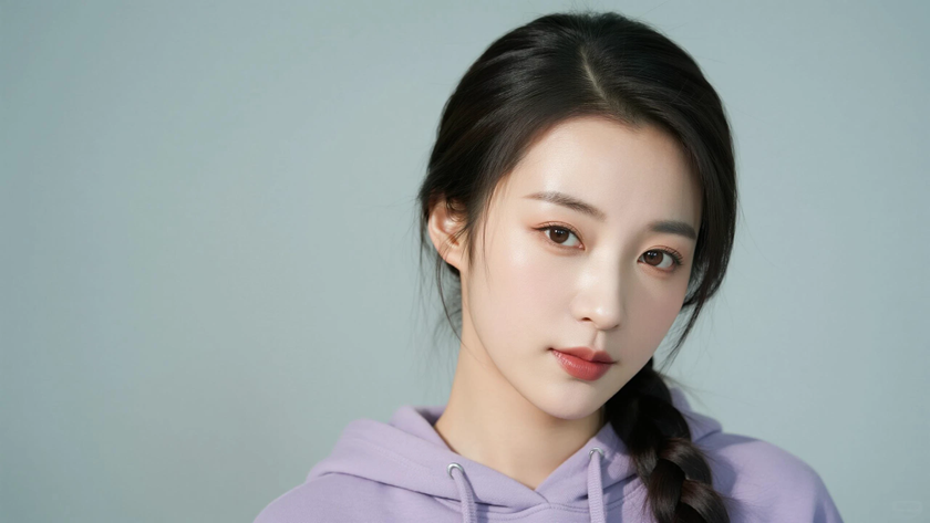 AI柔光空乘模特侧边细编低发辫温柔女生灰紫底色，桌面壁纸