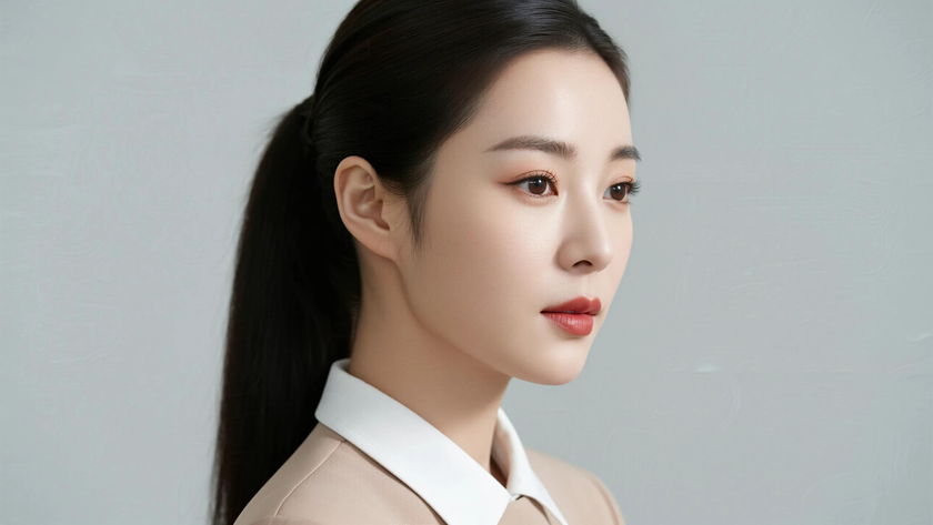 AI空乘气质模特穿搭浅杏翻领收腰空乘制服裙雅致女生正面纯色背景，电脑壁纸